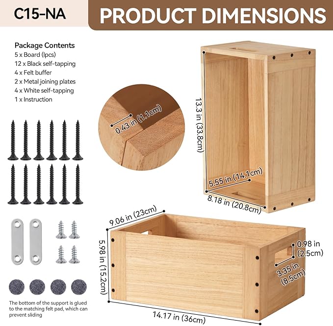 KIRIGEN Stackable Wood Storage Cube /Basket/ Bins Organizer for Home Books Clothes Toy - Modular Open Cubby Storage System - Office Bookcase shelves C15-NA - LeafyLoom