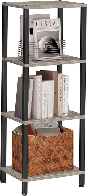 TUTOTAK Bookshelf, 4-Tier Tall Book Shelf, Narrow Bookcase for Small Space, DIY Stackable Bookshelf, for Living Room, Office, Study, Entryway, Industrial, Greige and Black BS01BG004 - LeafyLoom