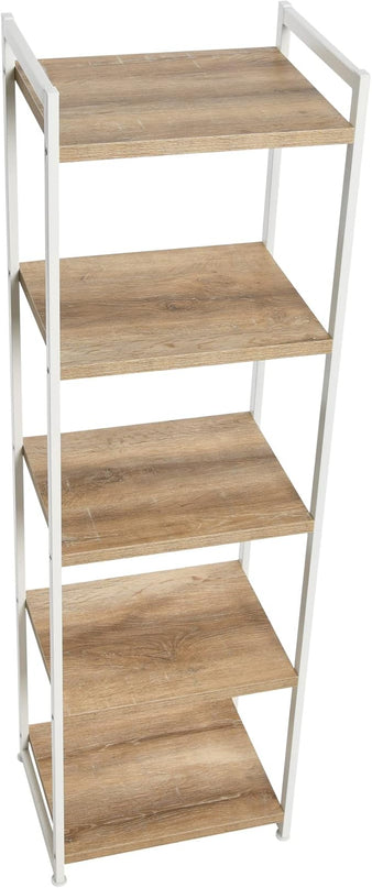 Household Essentials Jamestown Narrow 5 Shelf Open Storage Bookshelf Coastal Oak Rustic Wood Grain and White Metal - LeafyLoom