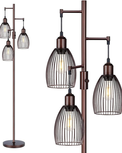 Dimmable Floor Lamp, Industrial Floor Lamps for Living Room, Brown Tree Lamp Standing Lamp Tall Lamps with 3 Elegant Teardrop Cage Head & 800 Lumens LED Bulbs for Living Room Bedroom Office - LeafyLoom