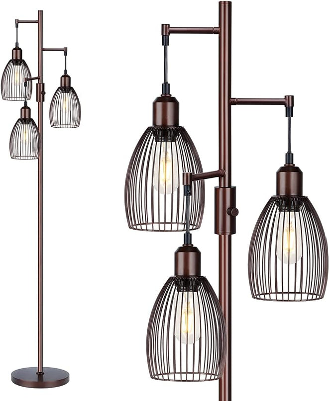 Dimmable Floor Lamp, Industrial Floor Lamps for Living Room, Brown Tree Lamp Standing Lamp Tall Lamps with 3 Elegant Teardrop Cage Head & 800 Lumens LED Bulbs for Living Room Bedroom Office - LeafyLoom