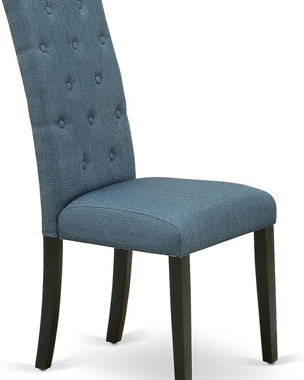 East West Furniture DLCE3-BLK-21 Dublin 3 Piece Set Contains a Round Dining Room Table with Dropleaf and 2 Mineral Blue Linen Fabric Upholstered Chairs, 42x42 Inch, Black - LeafyLoom