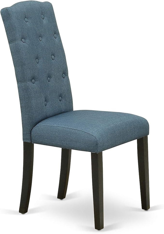 East West Furniture DLCE3-BLK-21 Dublin 3 Piece Set Contains a Round Dining Room Table with Dropleaf and 2 Mineral Blue Linen Fabric Upholstered Chairs, 42x42 Inch, Black - LeafyLoom