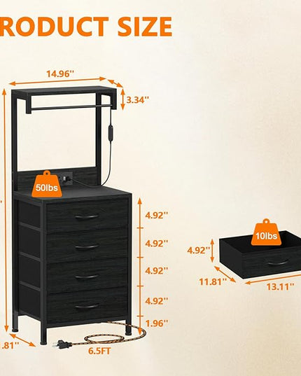 Furnulem Tall Nightstands Set of 2, Night Stand with 4 Drawers and shelves, Tall Bedside Table with USB Port Charging and LED Lights, Side Table for Bedroom, Office, Dorm (Black Oak) - LeafyLoom