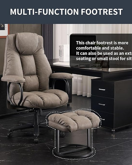 Office Chair Big and Tall, High Back Home Office Chair 400 lbs, Executive Office Chair with Ottoman, Ergonomic Office Chair with Padded Armrest, Swivel Computer Chair PU Leather (Grey) - LeafyLoom