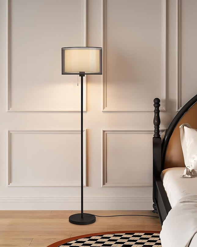 KDG Modern Floor Lamp for Living Room, Tall Standing Floor Lamp Corner Lighting, Fabric Lampshade LED Bulb Bright Pole Light, High Light for Bedroom, Reading, Office, Study Room, Warm Light(Black) - LeafyLoom