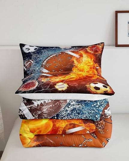 Erosebridal Football Comforter Set Full Rugby Sports Bedding Set for Teen Boys Kids,Soccer Basketball Baseball Comforter Red Blue Water Fire Lightning Quilt Duvet Insert Bedroom Decor 2 Pillow Cases - LeafyLoom