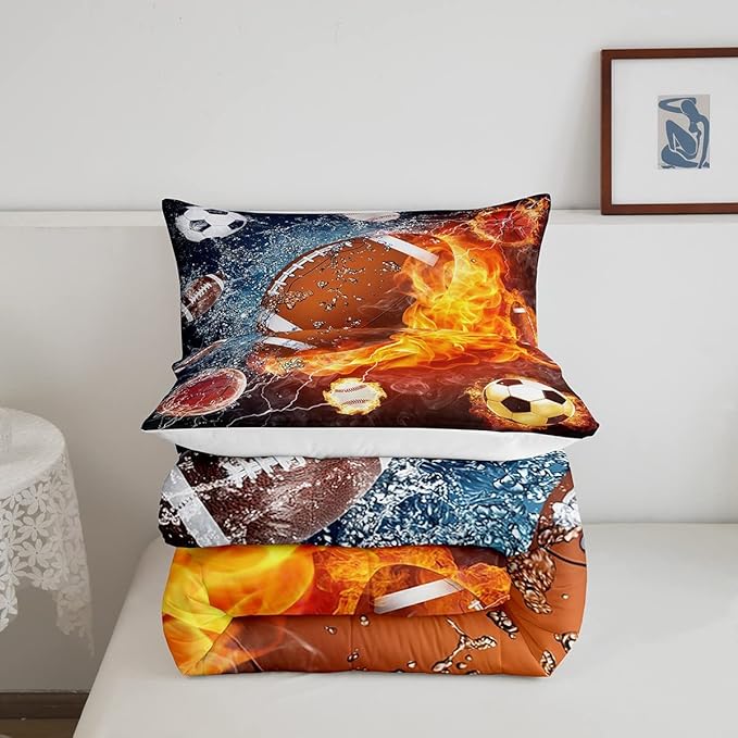 Erosebridal Football Comforter Twin Rugby Sports Bedding Set for Teen Boys Girls Kids,Soccer Basketball Baseball Comforter Red Blue Water Fire Lightning Quilt Duvet Insert Bedroom Decor 1 Pillow Case - LeafyLoom