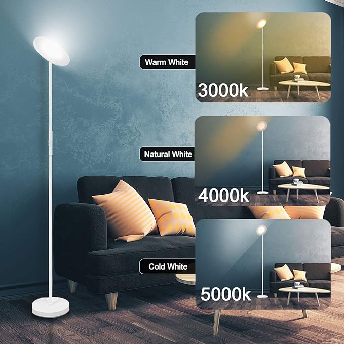 JOOFO Floor Lamp,30W/2400LM Sky LED Modern Torchiere 3 Color Temperatures Super Bright -Tall Standing Pole Light with Remote & Touch Control for Living Room,Bed Room,Office (Pearl White) - LeafyLoom