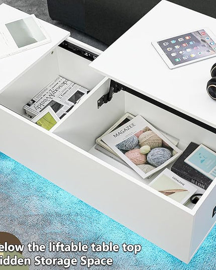 HOMMPA LED Coffee Table for Living Room Lift Top Coffee Tables with Power Outlet White Morden Center Table with Storage Hidden Compartment High Gloss Lift Tabletop - LeafyLoom