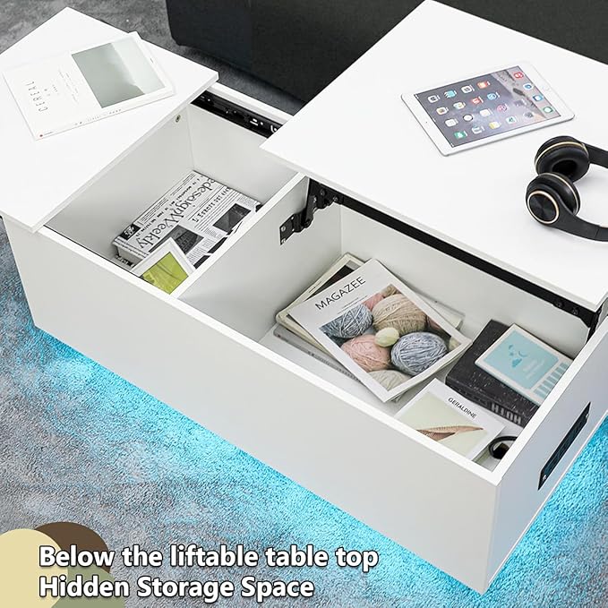 HOMMPA LED Coffee Table for Living Room Lift Top Coffee Tables with Power Outlet White Morden Center Table with Storage Hidden Compartment High Gloss Lift Tabletop - LeafyLoom
