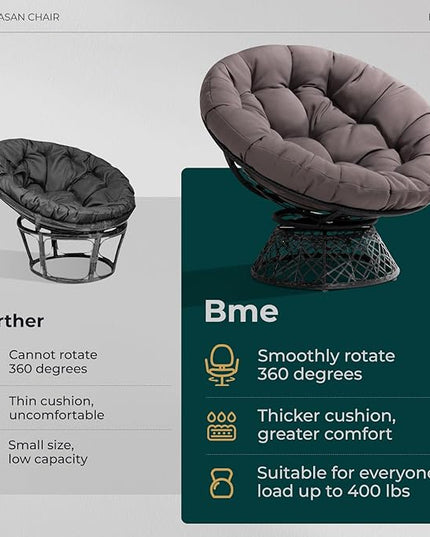 Bme 40" Ergonomic Wicker Papasan Chair with Soft Thick Density Fabric Cushion, High Capacity Steel Frame, 360 Degree Swivel for Living, Bedroom, Reading Room, Lounge, Smoky Quartz - Black Base - LeafyLoom