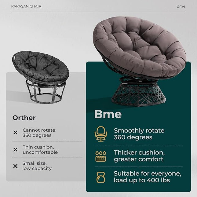 Bme 40" Ergonomic Wicker Papasan Chair with Soft Thick Density Fabric Cushion, High Capacity Steel Frame, 360 Degree Swivel for Living, Bedroom, Reading Room, Lounge, Smoky Quartz - Black Base - LeafyLoom