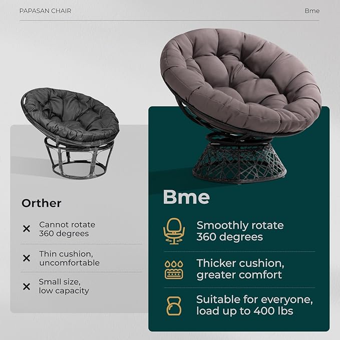 Bme 40" Ergonomic Wicker Papasan Chair with Soft Thick Density Fabric Cushion, High Capacity Steel Frame, 360 Degree Swivel for Living, Bedroom, Reading Room, Lounge, Smoky Quartz - Black Base - LeafyLoom