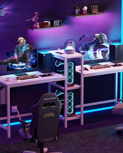 Furologee White 71" Double Gaming Desk, Extra Long 2 Person Computer Desk with Book Shelf and Cloth Bag, Large Office Desk Study Writing Table with Hooks for Home Office (NO Power Outlets) - LeafyLoom