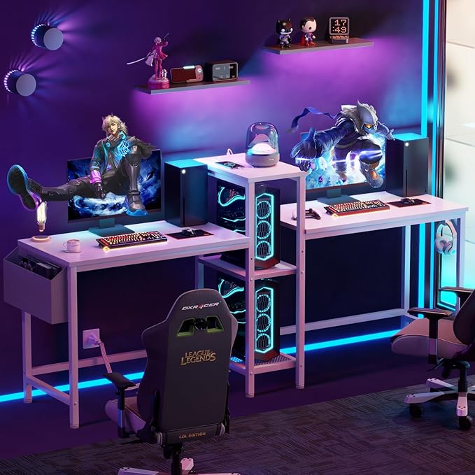 Furologee White 71" Double Gaming Desk, Extra Long 2 Person Computer Desk with Book Shelf and Cloth Bag, Large Office Desk Study Writing Table with Hooks for Home Office (NO Power Outlets) - LeafyLoom