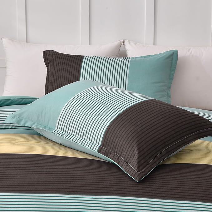 WONGS BEDDING Comforter Set Queen, Reversible Dusty Blue Striped Patchwork Down Alternative Comforter for Queen Bed, 3 Pieces (1 Comforter+2 Pillowcases), Soft Microfiber Bedding Set 90"×90" - LeafyLoom