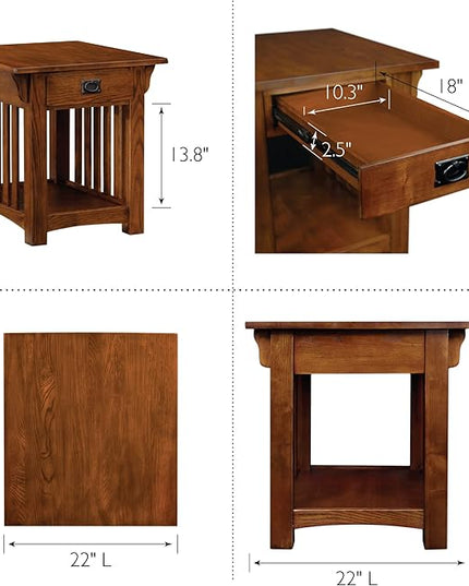 Leick Home 82287 Corner Stand with Bookcase Ends TV's, 50-inch, Mission Oak & ture Mission Drawer End Table, Solid ash and oak veneers, 22 in x 25 in x 23 in, Russet - LeafyLoom