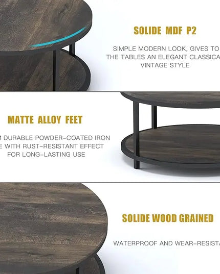 NSdirect 36 inches Round Coffee Table, Rustic Wooden Surface Top & Sturdy Metal Legs Industrial Sofa Table for Living Room Modern Design Home Furniture with Storage Open Shelf(Rustic Brown) - LeafyLoom