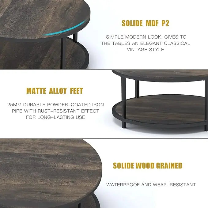 NSdirect 36 inches Round Coffee Table, Rustic Wooden Surface Top & Sturdy Metal Legs Industrial Sofa Table for Living Room Modern Design Home Furniture with Storage Open Shelf(Rustic Brown) - LeafyLoom