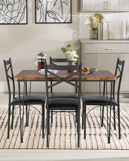 VECELO Kitchen Dining Room Table 4 Chairs for Small Space, Apartment,Metal Steel Frame, 5-Piece Set, Brown - LeafyLoom