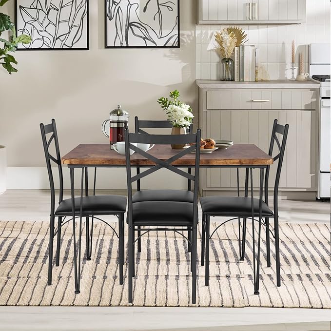 VECELO Kitchen Dining Room Table 4 Chairs for Small Space, Apartment,Metal Steel Frame, 5-Piece Set, Brown - LeafyLoom