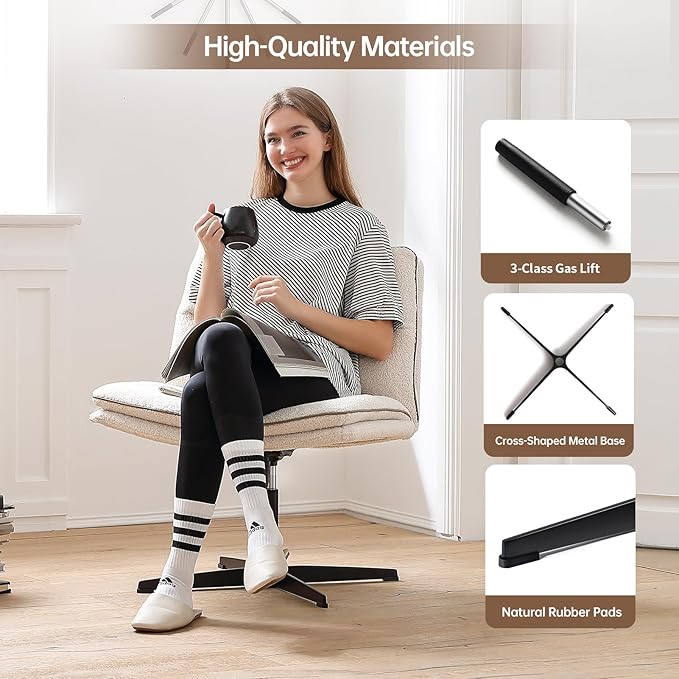 EMIAH Armless Office Desk Chair No Wheels Faux Fur Vanity Mid-Back Ergonomic Home Computer Comfortable Adjustable Swivel Furry Task Chair with Thickened Cushion - LeafyLoom