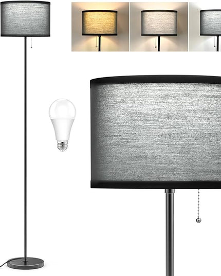 LED Floor Lamp for Living Room, Simple Design Tall Lamp for Bedroom, Modern Floor Lamp with Shade, Black Pole Lamp with Drum Shade, Pull Chain Standing Lamp for Kids Room Dining Room (Bulb Included) - LeafyLoom