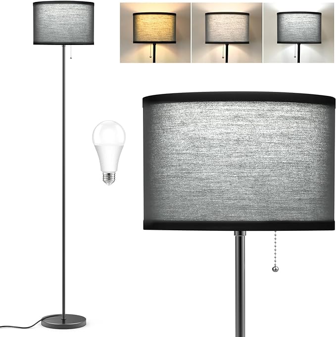 LED Floor Lamp for Living Room, Simple Design Tall Lamp for Bedroom, Modern Floor Lamp with Shade, Black Pole Lamp with Drum Shade, Pull Chain Standing Lamp for Kids Room Dining Room (Bulb Included) - LeafyLoom