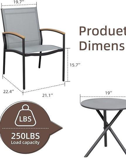 Shintenchi 3 Pieces Outdoor Patio Bistro Sets, Textilene Fabric Small Patio Furniture Set, Front Porch Chairs Conversation Set with Table for Lawn, Garden, Balcony, Poolside (Light Gray) - LeafyLoom