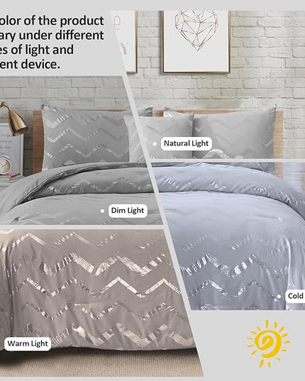 Grey and Silver Comforter Set King Size, Metallic Print Geometric Bedding Set, 4 Piece Lightweight Microfiber Comforter for Teen Girls Boys Women (2 Pillow Shams + 1 Decorative Pillow Sham) - LeafyLoom