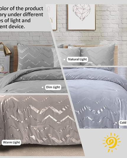 Grey and Silver Comforter Set Queen Metallic Print Geometric Bedding Set, 4 Pieces Lightweight Microfiber Bed Set for Teen Kids Boys (2 Pillow Shams + 1 Decorative Pillow Sham) - LeafyLoom