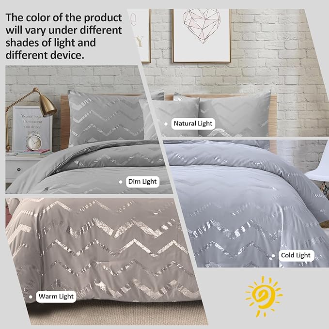 Grey and Silver Comforter Set Queen Metallic Print Geometric Bedding Set, 4 Pieces Lightweight Microfiber Bed Set for Teen Kids Boys (2 Pillow Shams + 1 Decorative Pillow Sham) - LeafyLoom