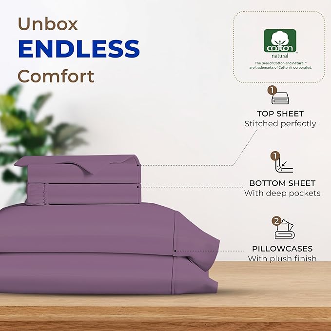 THREAD SPREAD 600 Thread Count Sheets Queen - 100% Egyptian Cotton Sheets Queen Size, 4 PC Luxury Sheets Queen Size, Soft, Sateen Cooling, Extra Long Staple 16" Deep Pocket Queen Bed Sheet Set - Plum - LeafyLoom