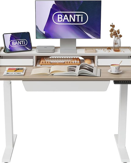 BANTI Height Adjustable Electric Standing Desk with Three Drawers, 48 x 25 Inch Table with Storage Shelf, Sit Stand Desk with Storage Space, Splice Board with White Frame/Light Walnut Top, 48 inch - LeafyLoom