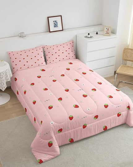 Girls Strawberry Comforter Set King Kawaii Strawberry Comforter for Kids Japanese Style Pink Cute Cartoon Fruit Food Theme Bedding Set Girly White Floral Down Comforter Reversible Soft Lightweight - LeafyLoom