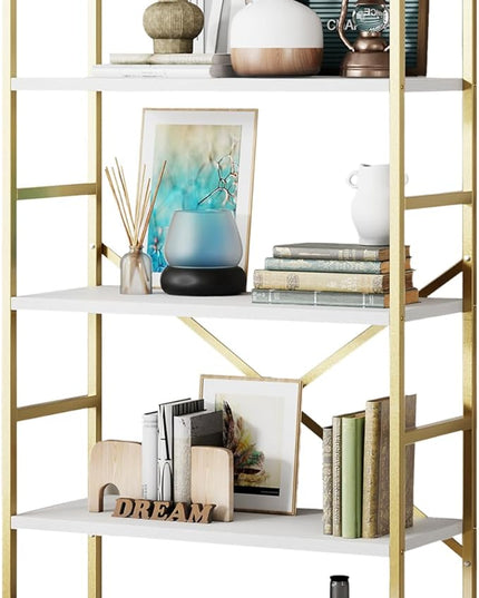 Shintenchi 5 Tiers Bookshelf, Classically Tall Bookcase Shelf, Industrial Book Rack, Modern Book Holder in Bedroom/Living Room/Home/Office, Storage Rack Shelves for Books/Movies,Gold - LeafyLoom