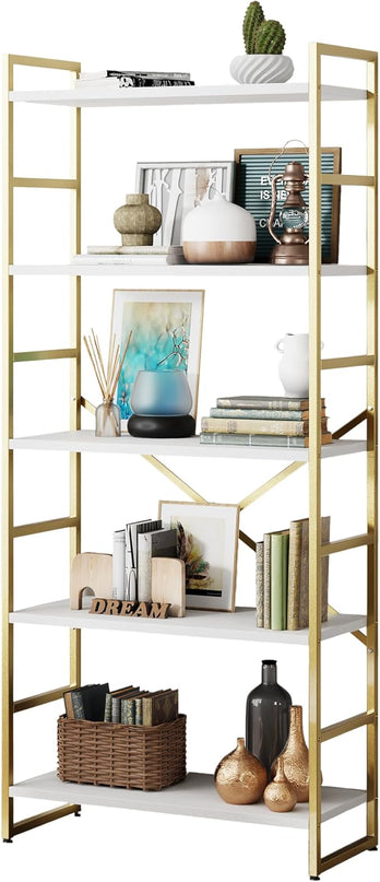 Shintenchi 5 Tiers Bookshelf, Classically Tall Bookcase Shelf, Industrial Book Rack, Modern Book Holder in Bedroom/Living Room/Home/Office, Storage Rack Shelves for Books/Movies,Gold - LeafyLoom