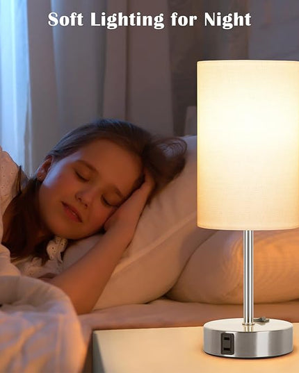 ZJOJO Bedside Lamps with AC Port, Table Lamp for Bedroom 3 Way Dimmable Nightstand Lamp Set of 2 with Round Flaxen Fabric Shade for Living Room, Dorm, Home Office - LeafyLoom