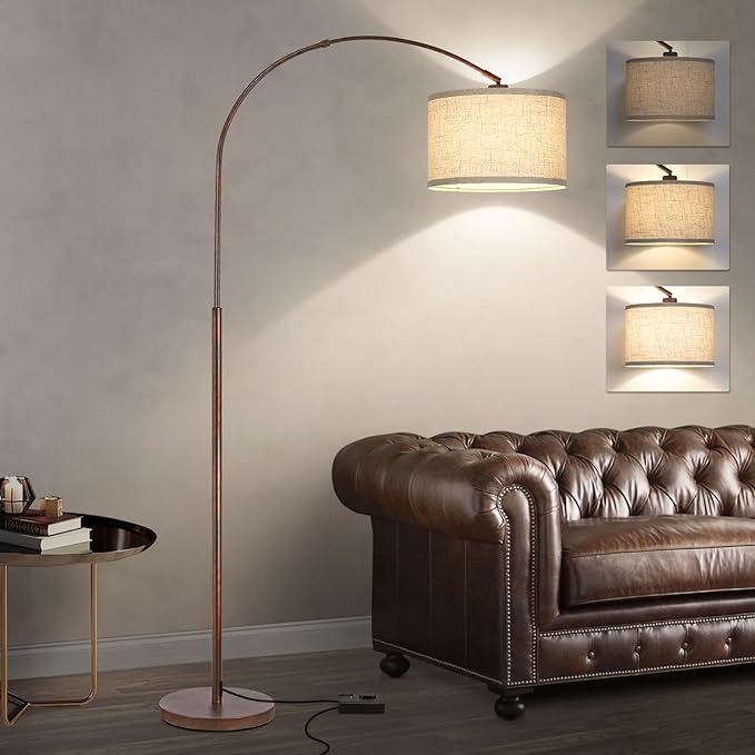 Dimmable Arc Floor Lamps for Living Room, Mid Century Floor Lamp, Antique Bronze Standing Lamp with Adjustable Hanging Shade, Tall Pole Lamp Reading Light for Bedroom, Over Couch, 9W LED Bulb Included - LeafyLoom