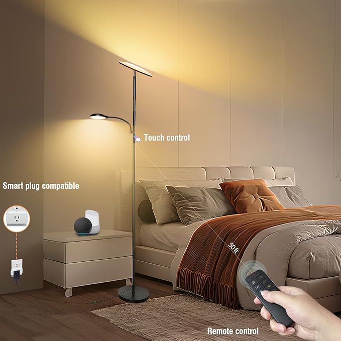 2024 New Floor Lamp, 44W 4500LM Super Bright LED Floor Lamp for Living Room, Remote Floor Lamp with Reading Light, Dimmable Modern Stand Tall Lamp for Bedroom Office - LeafyLoom
