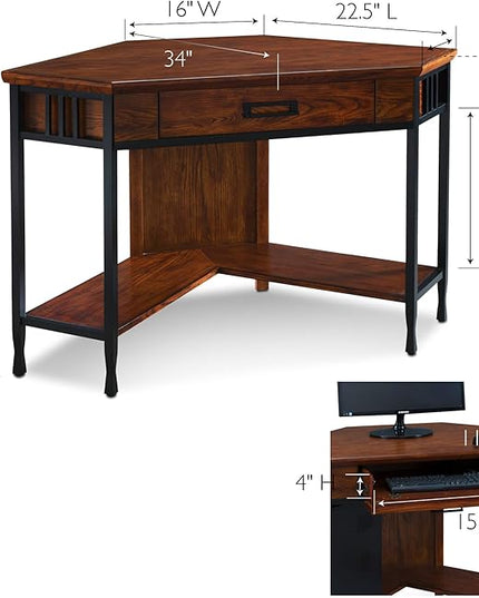 Leick Home 11230 Ironcraft Corner Writing/Computer Rustic Desk with Drawer and Shelf, Mission Oak and Black - LeafyLoom