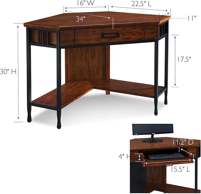 Leick Home 11230 Ironcraft Corner Writing/Computer Rustic Desk with Drawer and Shelf, Mission Oak and Black - LeafyLoom