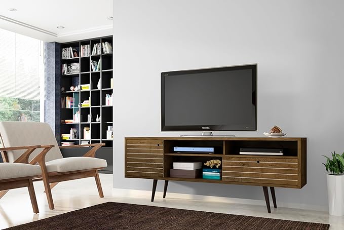 Manhattan Comfort Liberty Mid Century Modern TV Stand for Televisions up to 65 Inches, Bedroom and Living Room Entertainment Center with Storage, Shelves, and Cabinet, 71" Wide, Rustic Brown - LeafyLoom