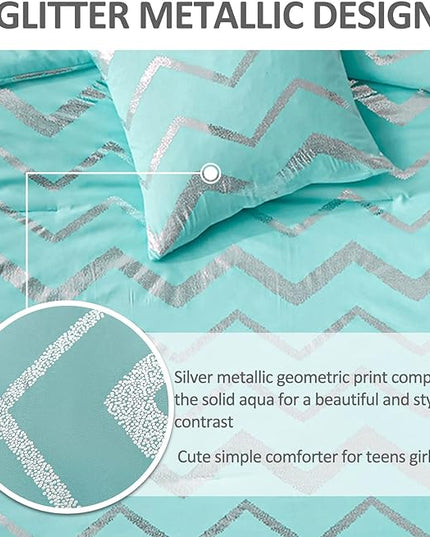 Aqua Comforter Set Twin Size, Metallic Teal and Silver Bedding Set, 3 Piece Lightweight Microfiber Comforter for Teen Girls Boys Women (1 Pillow Case + 1 Decorative Pillow Sham) - LeafyLoom