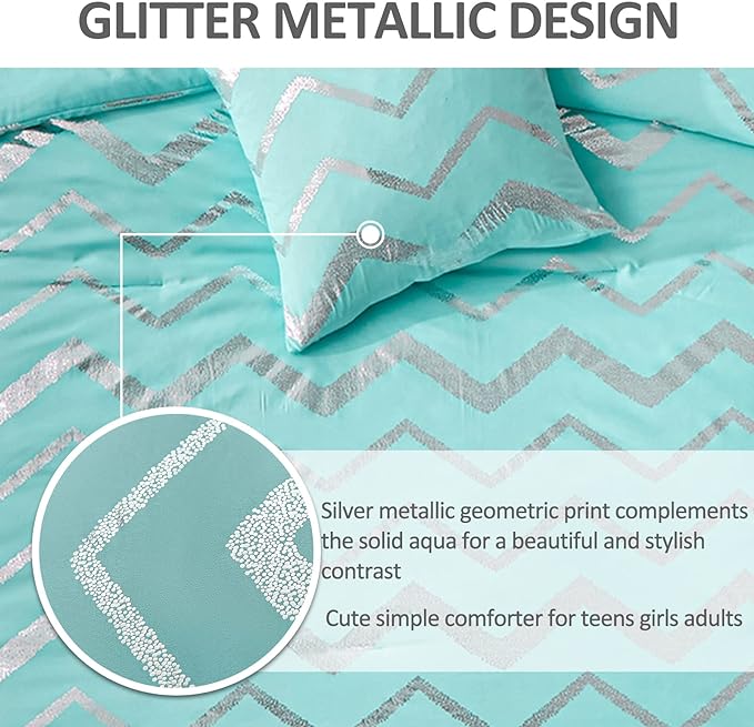 Aqua Comforter Set Twin Size, Metallic Teal and Silver Bedding Set, 3 Piece Lightweight Microfiber Comforter for Teen Girls Boys Women (1 Pillow Case + 1 Decorative Pillow Sham) - LeafyLoom