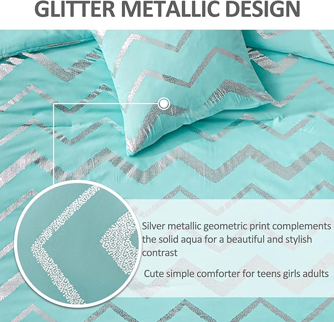 Aqua Comforter Set Queen Size Metallic Teal and Silver Bedding Set, 4 Piece Lightweight Microfiber Bed Set for Teen Girls Women (2 Pillow Shams + 1 Decorative Pillow Sham) - LeafyLoom