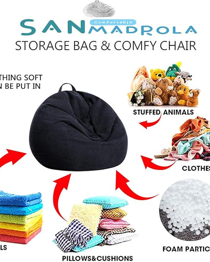 Stuffed Animal Storage Bean Bag Chair Cover (No Beans) for Kids and Adults.Soft Premium Corduroy Stuffable Beanbag for Organizing Children Plush Toys or Memory Foam Extra Large 300L (Black) - LeafyLoom