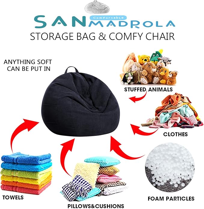Stuffed Animal Storage Bean Bag Chair Cover (No Beans) for Kids and Adults.Soft Premium Corduroy Stuffable Beanbag for Organizing Children Plush Toys or Memory Foam Extra Large 300L (Black) - LeafyLoom