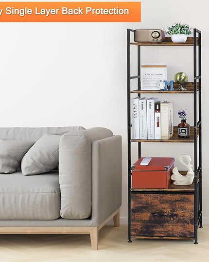 5 Tier Bookshelf with Storage, Bookcase with Drawers, Storage Shelves for Living Room / Home Office, Wood Shelves & Metal Shelf Organizer, Book Shelf for Bedroom, Tall & Ladder Bookshelf, Brown - LeafyLoom